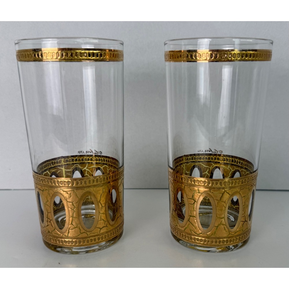 Vintage‎ Culver Antigua Highball Glasses Set of 2 Mid-Century Barware 22K Gold